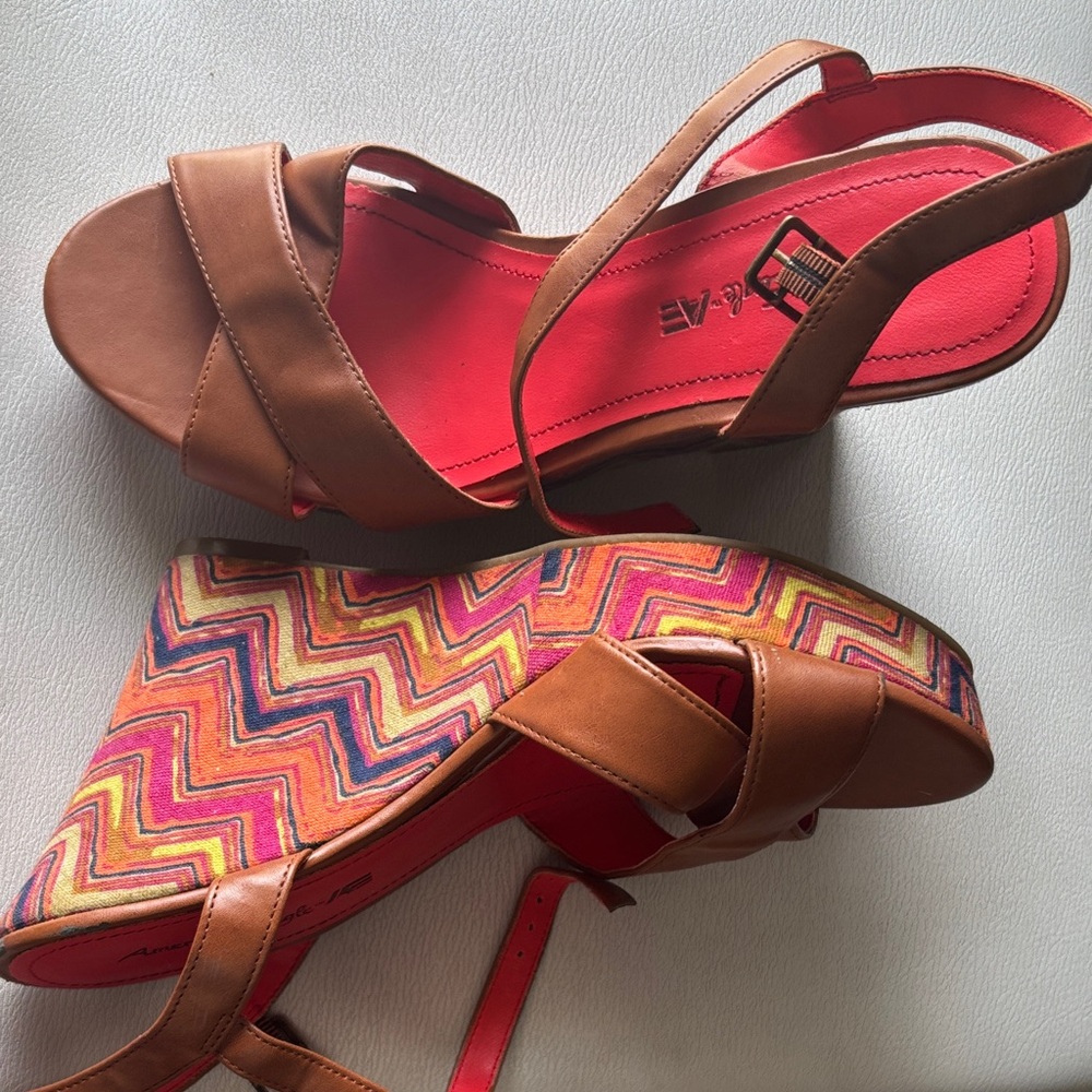 Brown Leather Strappy Wedge Sandals with Multicolor Chevron Platform